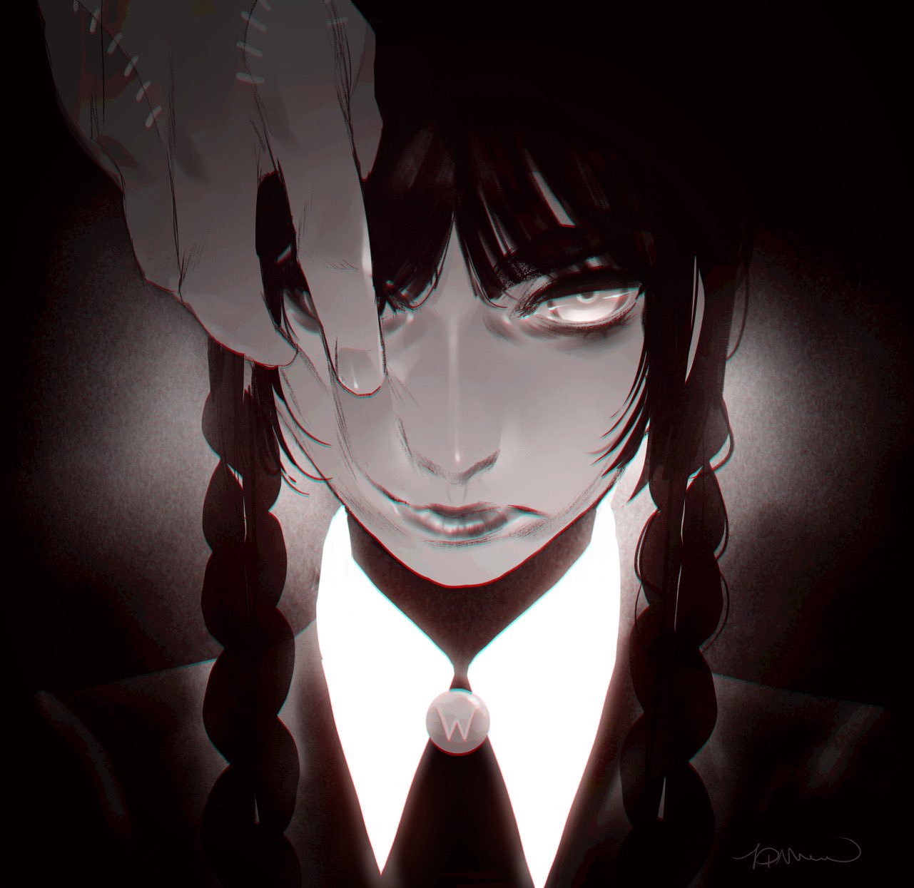 1girl, 1other, addams_family, bangs, black_background, black_eyeshadow, black_hair, braid, collared_shirt, eyeshadow, forced_smile, frown, greyscale, hand_over_eye, highres, makeup, monochrome, shirt, simone_di_meo, stitches, thick_eyebrows, thing_(addams_family), twin_braids, upper_body, vignetting, wednesday_(netflix), wednesday_addams, white_shirt