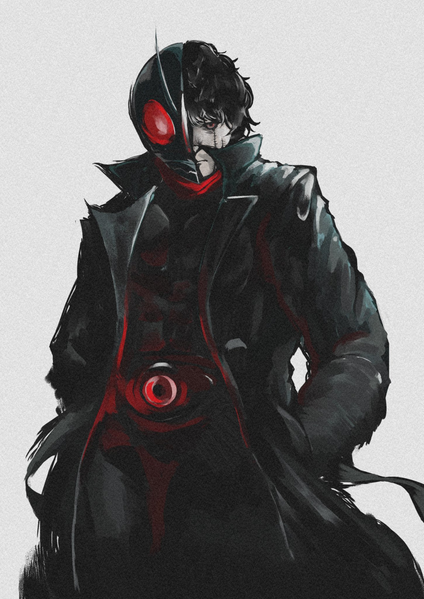 1boy, anniversary, belt, broken_mask, expressionless, glowing, glowing_eyes, hands_in_pockets, helmet, highres, hongou_takeshi, jacket, kamen_rider, kamen_rider_(1st_series), kamen_rider_1, kamen_rider_1_(shin), karaage-senpai, male_focus, mask, monochrome, red_scarf, scarf, shin_kamen_rider, silhouette, solo, stitched_face, stitches, tokusatsu, white_background