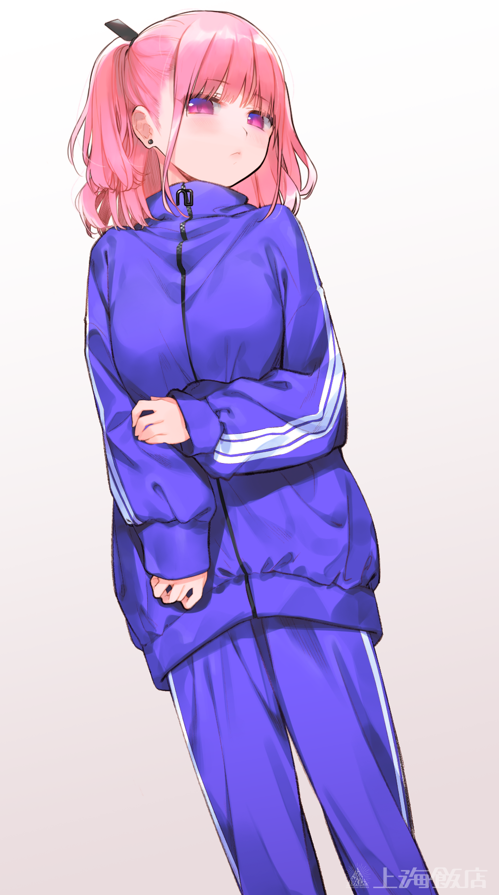 1girl, blue_track_suit, blush, earrings, feet_out_of_frame, gradient, gradient_background, hair_ornament