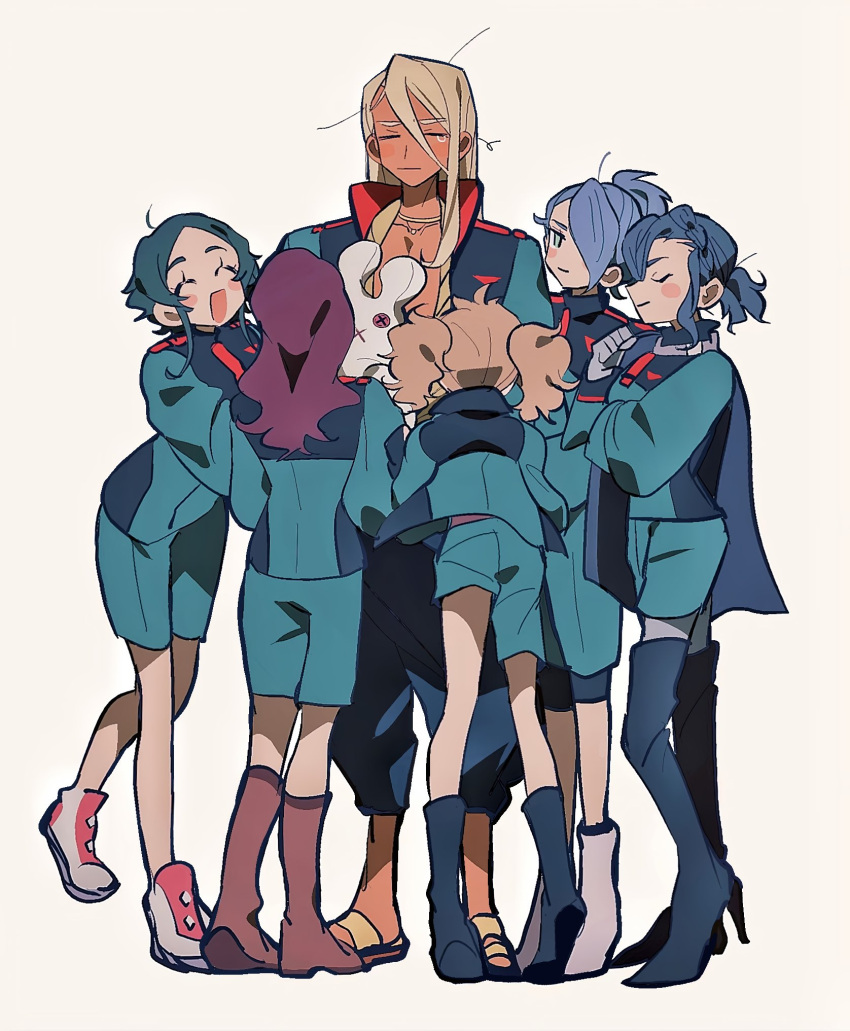 1boy, 5girls, asticassia_school_uniform, blonde_hair, blue_footwear, blue_hair, boots, brown_footwear