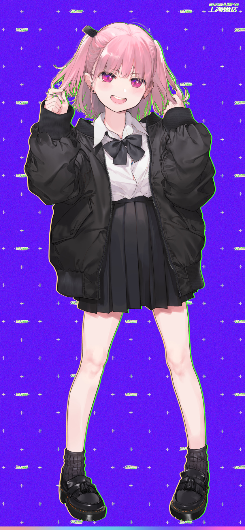 1girl, absurdres, black_bow, black_bowtie, black_jacket, black_socks, blush, bow, bowtie, collared_shirt, earrings, full_body, hair_ornament, hands_up, high-waist_skirt, highres, ishikawa_mami, jacket, jewelry, loafers, medium_hair, non-web_source, open_clothes, open_jacket, open_mouth, original, pink_eyes, pink_hair, playing_with_own_hair, pleated_skirt, purple_background, shirt, shoes, skirt, smile, socks, stud_earrings, teeth, two_side_up, upper_teeth, white_shirt