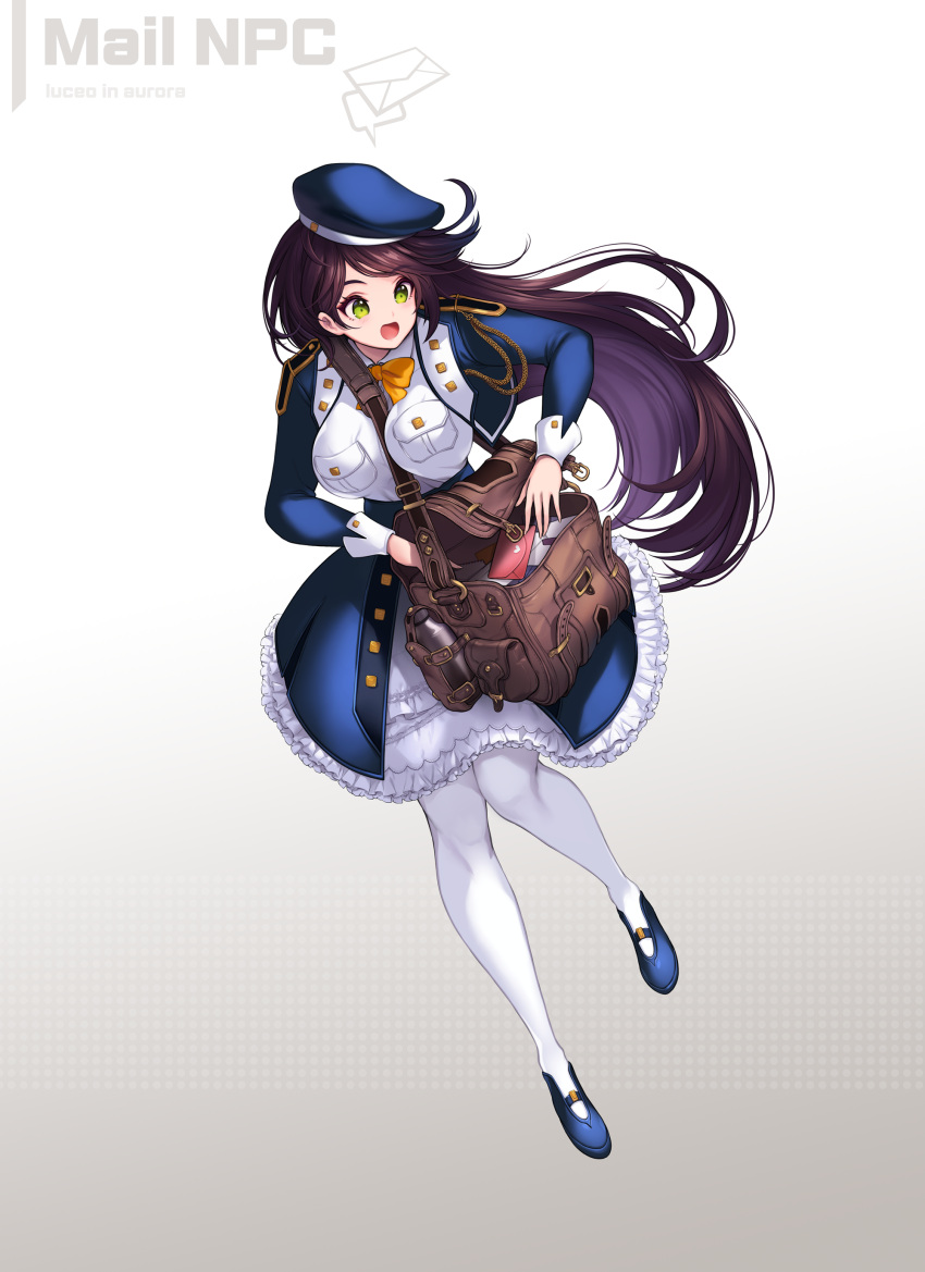 1girl, absurdres, aiguillette, bag, bangs, between_breasts, blue_dress, blue_footwear