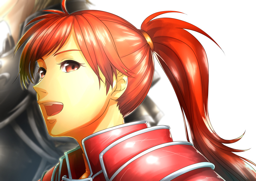 1boy, 1girl, :d, absurdres, aduti_momoyama, armor, black_armor, eyelashes, fire_emblem, fire_emblem:_path_of_radiance, fire_emblem:_radiant_dawn, haar_(fire_emblem), highres, jill_(fire_emblem), long_hair, open_mouth, ponytail, red_armor, red_eyes, redhead, simple_background, smile, solo_focus, turtleneck, upper_body, white_background