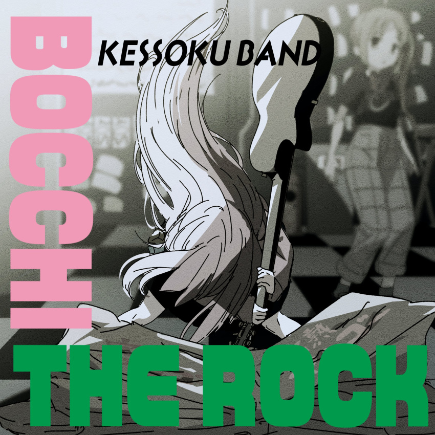 2girls, ahoge, album_cover, album_cover_redraw, blurry, blurry_background, bocchi_the_rock!, bow, box, cardboard_box, commentary, copyright_name, cover, derivative_work, electric_guitar, english_text, gotou_hitori, goumonsha, guitar, highres, holding, holding_instrument, ijichi_nijika, instrument, jacket, london_calling, long_hair, long_sleeves, monochrome, multiple_girls, parody, side_ponytail, skirt, solo_focus, suspenders, the_clash, track_jacket, very_long_hair