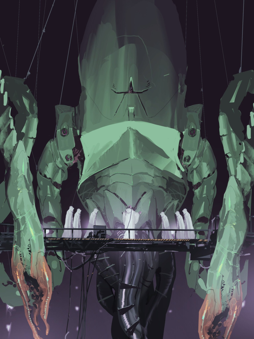 6+others, cable, commentary, gundam, highres, hooded_robe, mecha, mobile_suit