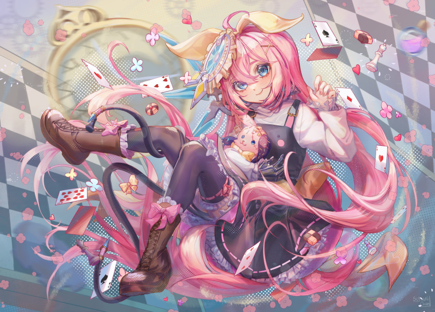1girl, ace_of_diamonds, ace_of_hearts, ace_of_spades, ahoge, arisu_gamu, artist_name, back_bow, black_dress, black_thighhighs, blue_eyes, blush, boots, bow, bow_hairband, brown_footwear, chess_piece, chessboard, clock, closed_mouth, cross-laced_footwear, crosshair, diamond_(shape), dress, english_commentary, falling_card, falling_petals, five_of_hearts, floating, floating_hair, food, footwear_bow, frilled_dress, frilled_sleeves, frilled_thighhighs, frills, hair_between_eyes, hair_bow, hair_ornament, hairband, halftone, hand_up, head_tilt, headgear, heart, highres, indie_virtual_youtuber, lace-up_boots, layered_dress, long_hair, long_sleeves, looking_at_viewer, mechanical_arms, mechanical_wings, overall_skirt, pastry, pawn_(chess), petals, pinafore_dress, pink_bow, pink_hair, queen_(chess), ribbon-trimmed_legwear, ribbon_trim, shirt, sidelocks, signature, single_mechanical_arm, single_wing, smile, solo, spade_(shape), stitches, stuffed_toy, sutsukichan, ten_of_hearts, thigh-highs, very_long_hair, virtual_youtuber, white_shirt, wings, x_hair_ornament, yellow_bow