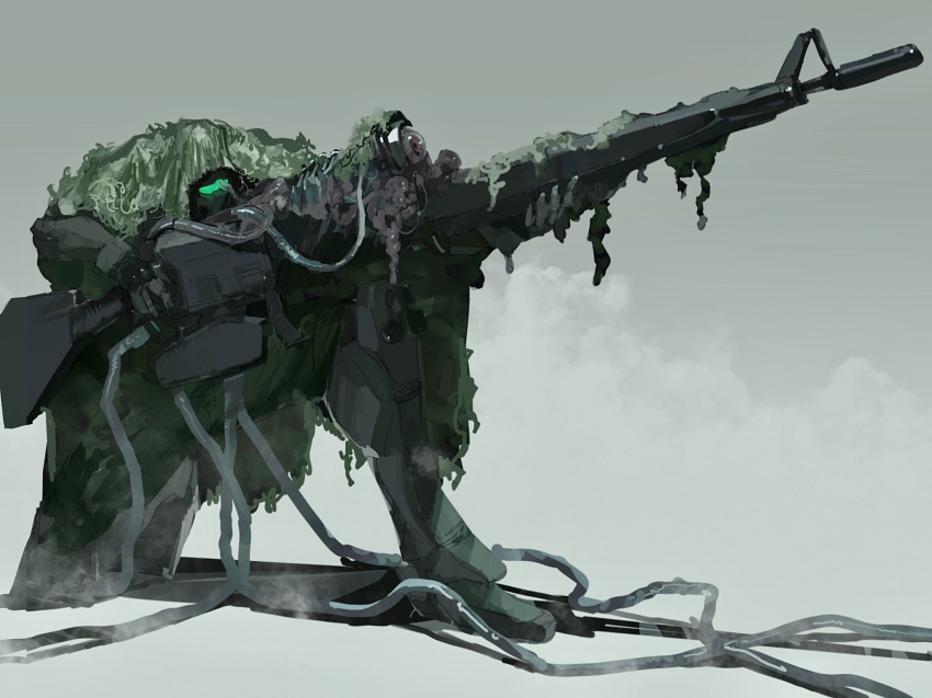 assault_visor, cable, commentary, ghillie_suit, glowing, gm_sniper, green_background, gun
