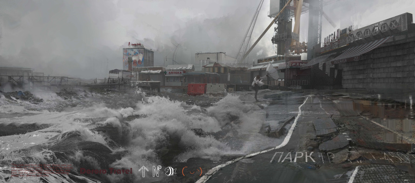 1girl, absurdres, billboard, black_gloves, black_headwear, black_leggings, brick_wall, crane_(machine), cyrillic, english_text, euroroyan, fence, flood, fog, gloves, highres, holding, holding_umbrella, jacket, leggings, ocean, original, overcast, road, roadblock, ruins, scenery, seaside, shop, solo, stormy_waters, travel, umbrella, upturned_umbrella, waves, white_hair, white_jacket, wind