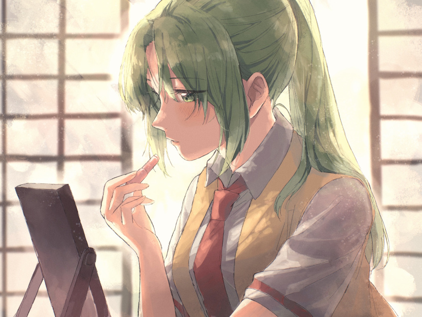 1girl, applying_makeup, bangs, breasts, collared_shirt, green_eyes, green_hair, high_ponytail