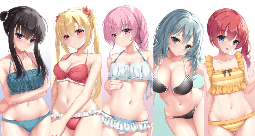 5girls, absurdres, ahoge, bangs, belly, bikini, black_bikini, black_eyes