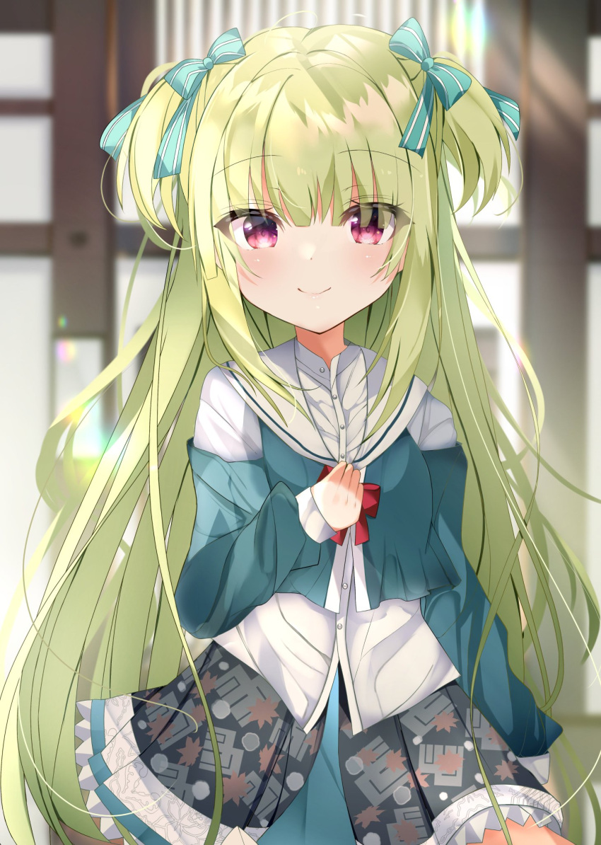 1girl, bangs, blue_ribbon, blunt_bangs, blush, green_hair, hair_between_eyes, hakugan