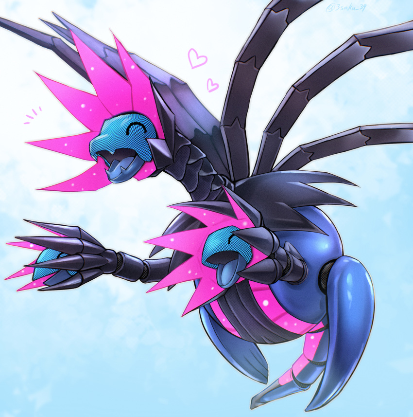 3_(sanyako1), ^_^, blue_background, closed_eyes, commentary_request, extra_heads, fang, heart