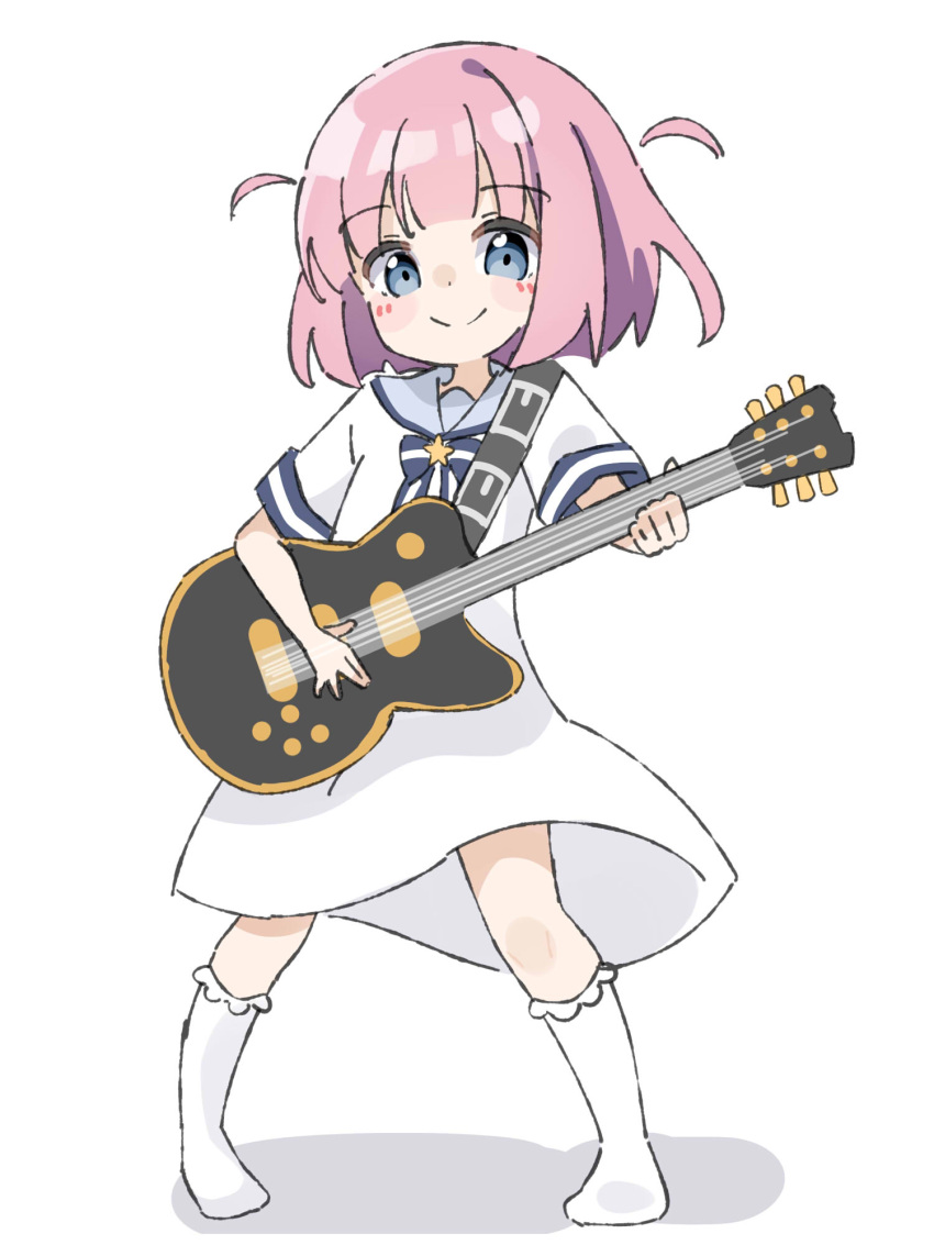 1girl, bangs, black_bow, blue_eyes, blue_sailor_collar, blush_stickers, bocchi_the_rock!, bow