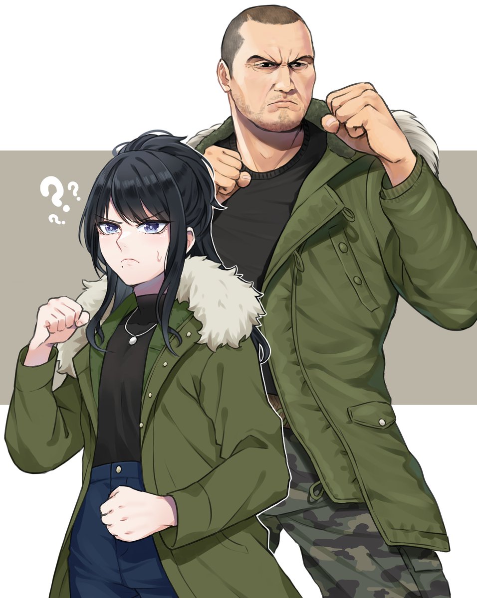 1boy, 1girl, ?, ??, black_hair, black_shirt, buzz_cut, camouflage