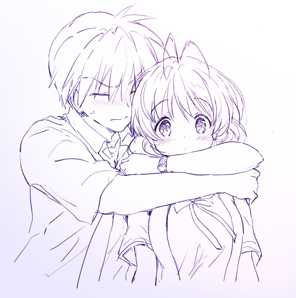 1boy, 1girl, akina_tsukako, clannad, furukawa_nagisa, hug_from_behind, okazaki_tomoya, tagme