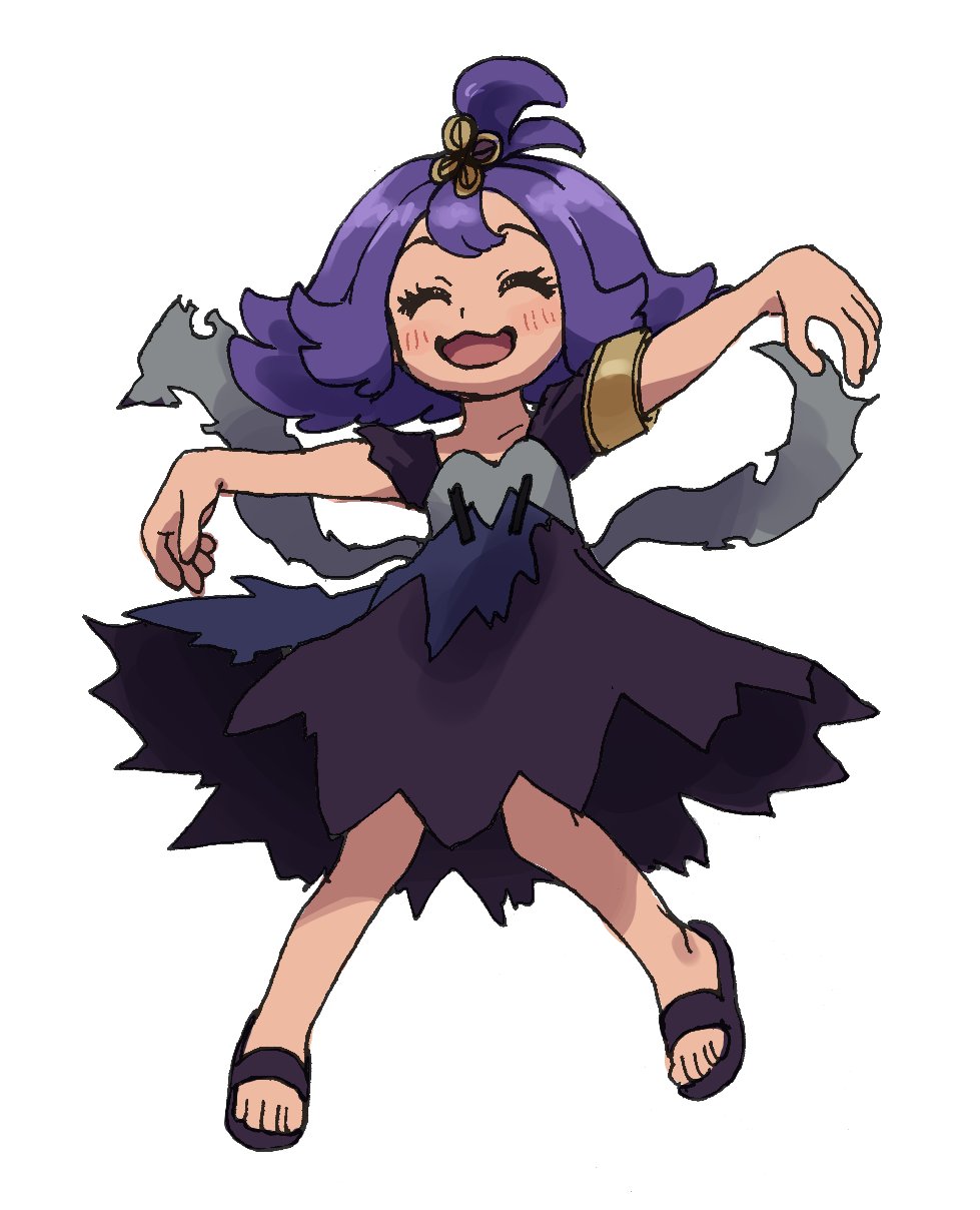 1girl, :d, acerola_(pokemon), armlet, bangs, black_footwear, blush, closed_eyes, commentary_request, dress, elizabeth_(tomas21), eyelashes, flip-flops, flipped_hair, full_body, grey_dress, hair_ornament, hairclip, highres, medium_hair, multicolored_clothes, multicolored_dress, open_mouth, outstretched_arms, pokemon, pokemon_(game), pokemon_sm, purple_hair, sandals, short_sleeves, simple_background, smile, solo, stitches, topknot, torn_clothes, torn_dress, white_background