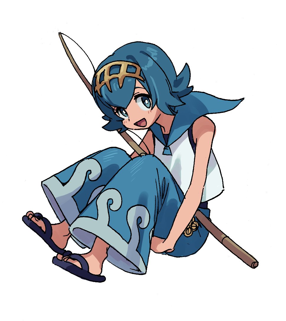 1girl, :d, blue_eyes, blue_hair, blue_pants, blue_sailor_collar, blush, bright_pupils, commentary_request, elizabeth_(tomas21), fishing_rod, flip-flops, full_body, hairband, lana_(pokemon), looking_at_viewer, one-piece_swimsuit, open_mouth, pants, pokemon, pokemon_(game), pokemon_sm, sailor_collar, sandals, shirt, short_hair, simple_background, sleeveless, sleeveless_shirt, smile, solo, swimsuit, swimsuit_under_clothes, wave_print, white_background, white_pupils, white_shirt, yellow_hairband
