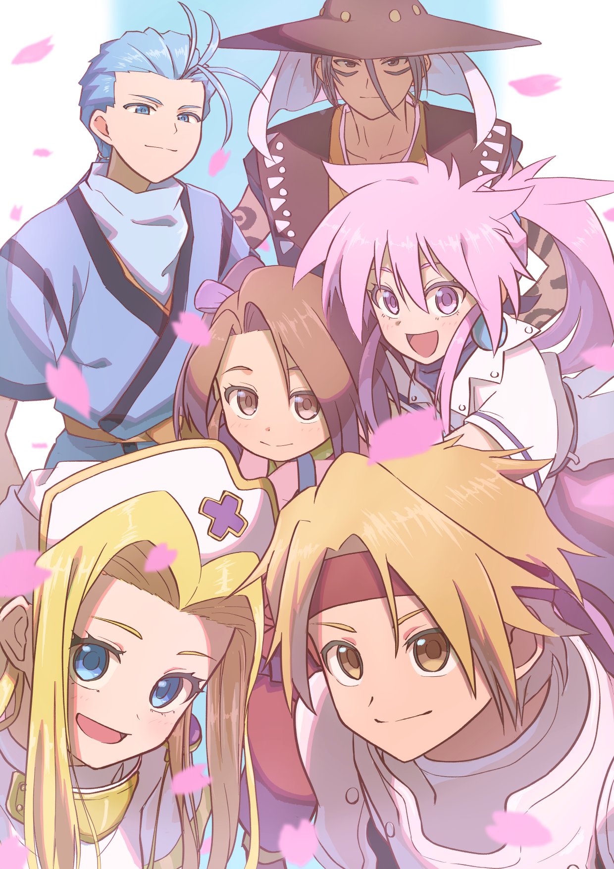 3boys, 3girls, arche_klein, blue_eyes, blue_hair, chester_burklight, claus_lester, closed_mouth