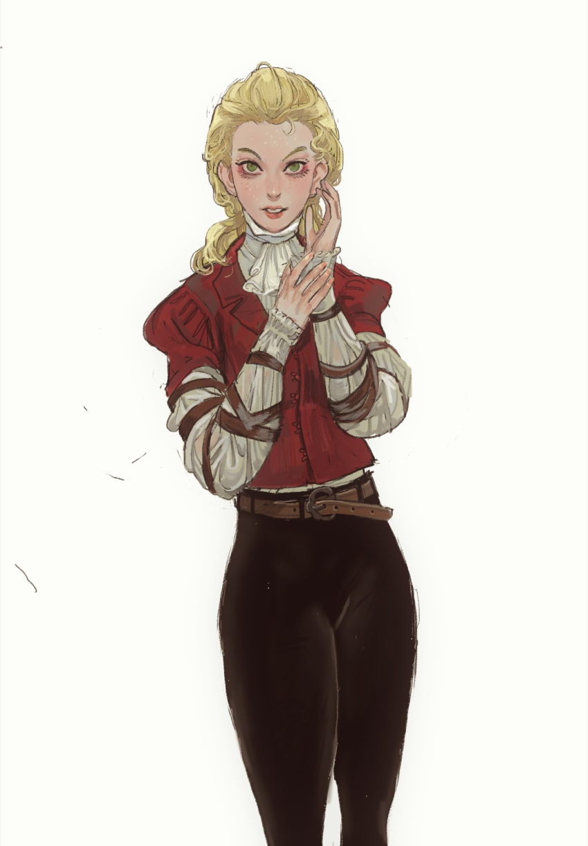 1girl, ascot, belt, black_pants, blonde_hair, blouse, brown_belt, freckles