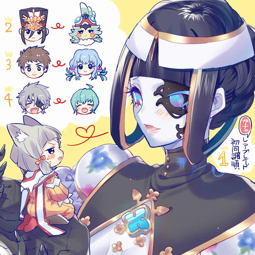 1other, 2boys, 4girls, :d, ahoge, animal_ears, bangs, black_gloves