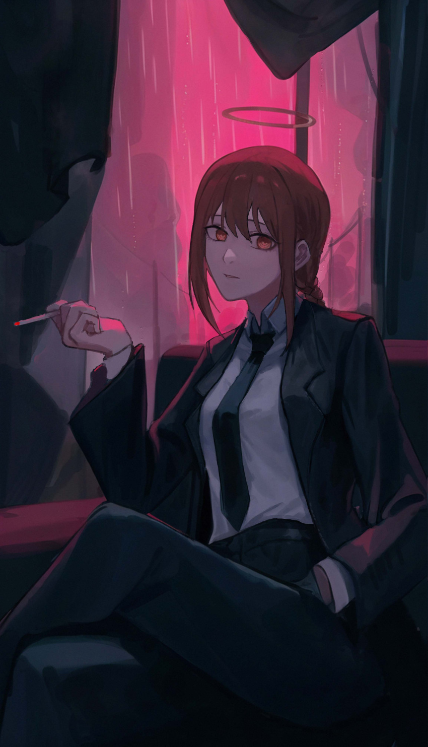 1girl, absurdres, bangs, black_necktie, black_pants, braid, braided_ponytail, breasts
