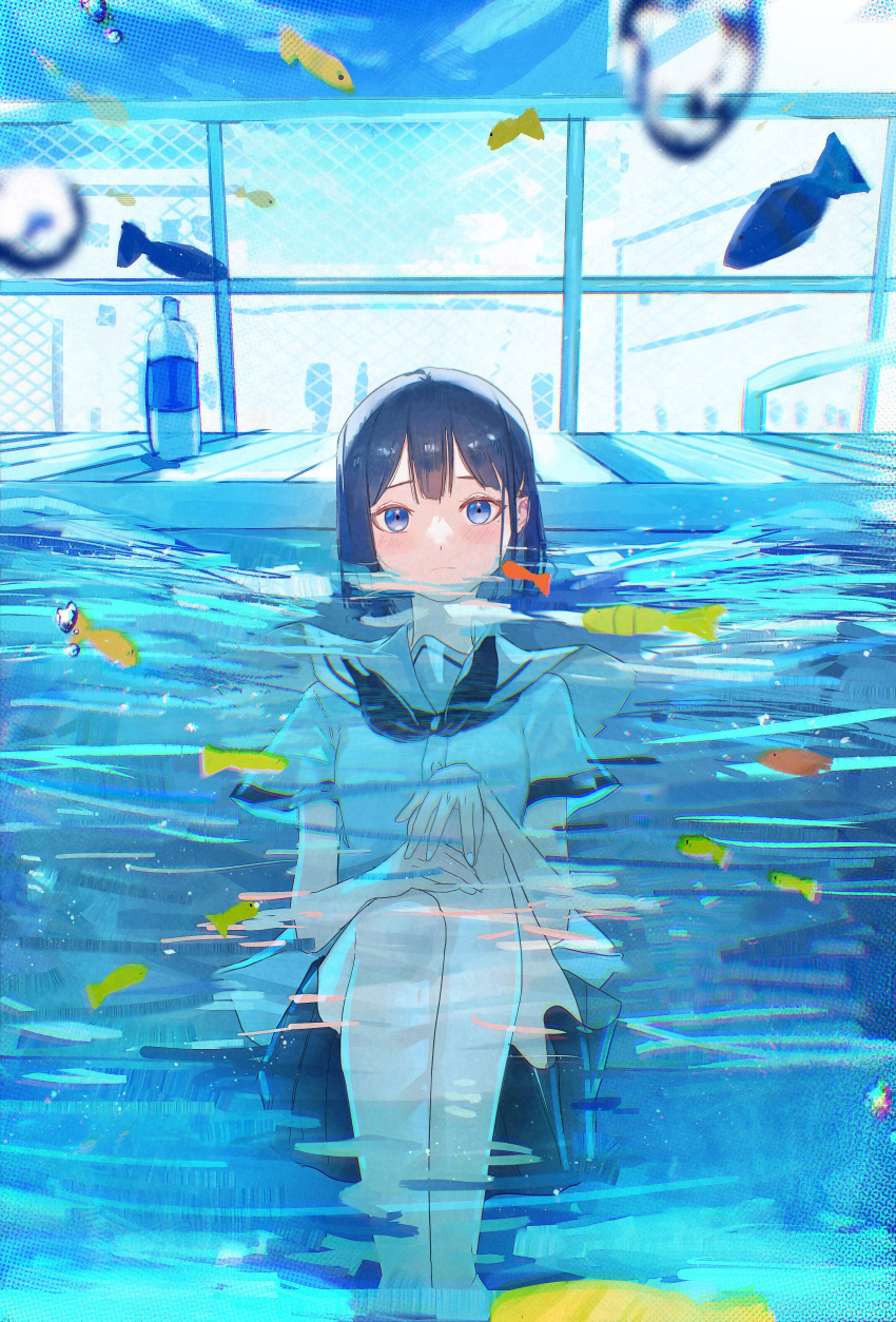 1girl, absurdres, bangs, black_hair, black_neckerchief, black_skirt, blue_eyes, blue_sky, bottle, chain-link_fence, closed_mouth, commentary_request, day, feet_out_of_frame, fence, fish, hands_on_own_knees, highres, iinagi_(kashiwa_keira), knees_up, looking_at_viewer, neckerchief, original, outdoors, partially_submerged, partially_underwater_shot, pleated_skirt, sailor_collar, short_hair, short_sleeves, sitting, skirt, sky, solo, straight-on, water, water_bottle, white_nails, white_sailor_collar