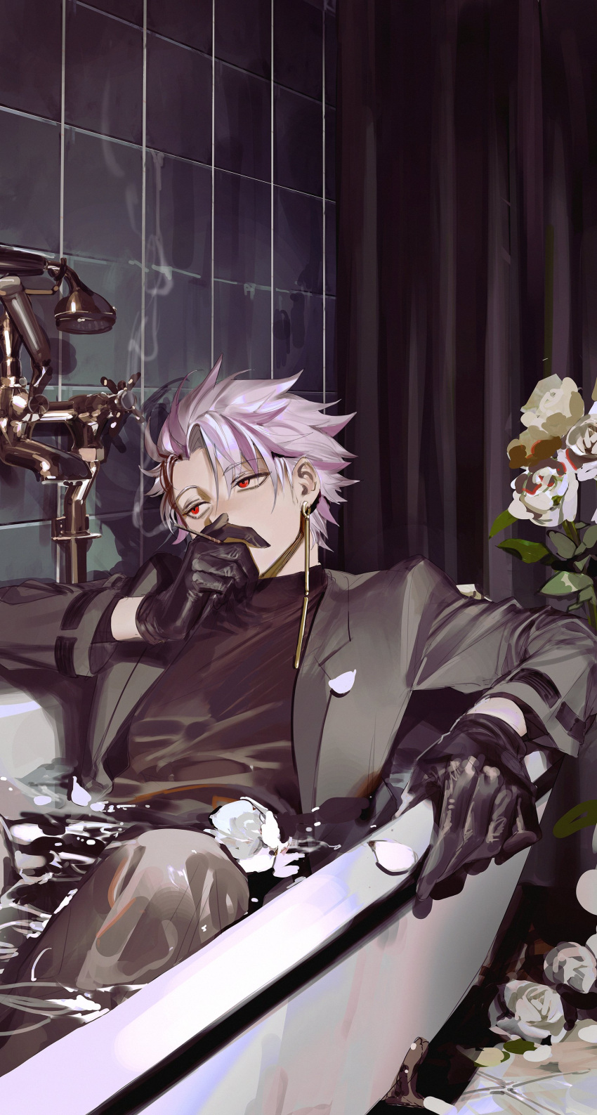 1boy, absurdres, bathtub, black_coat, black_gloves, black_shirt, cigarette, clothed_bath