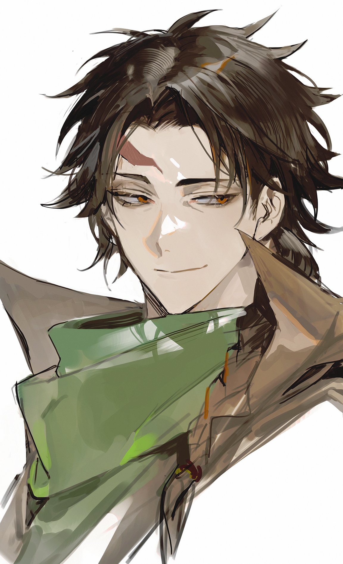 1boy, bangs, braid, brown_hair, closed_mouth, cocacell, commentary_request, green_scarf, harada_minoru, highres, korean_commentary, male_focus, orange_eyes, parted_bangs, portrait, saibou_shinkyoku, scar, scar_on_face, scar_on_forehead, scarf, side_braid, simple_background, smile, solo, white_background