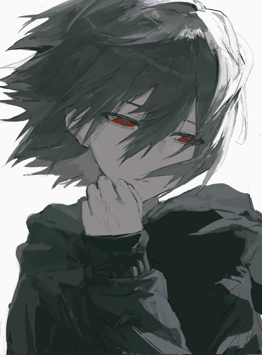 1boy, aik_(aik30068733aik), black_hair, black_hoodie, closed_mouth, commentary, highres, hood, hood_down, hoodie, isoi_haruki, long_sleeves, male_focus, red_eyes, saibou_shinkyoku, short_hair, simple_background, solo, upper_body, white_background