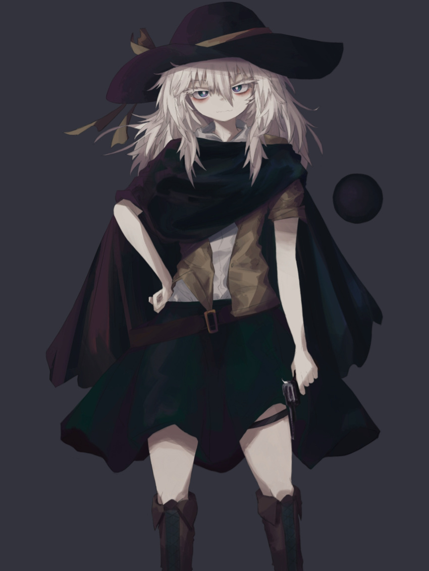 1girl, alternate_costume, alternate_hair_length, alternate_hairstyle, bangs, black_cape, black_headwear, boots, bright_pupils, cape, closed_mouth, cowboy_western, expressionless, feet_out_of_frame, green_eyes, green_skirt, grey_background, gun, hair_between_eyes, hand_on_hip, handgun, hat, hat_ribbon, highres, holding, holding_gun, holding_weapon, knee_boots, komeiji_koishi, leather_belt, light_grey_hair, long_hair, looking_at_viewer, messy_hair, reverinth, ribbon, shirt, simple_background, skirt, solo, standing, third_eye, touhou, weapon, white_shirt, yellow_ribbon, yellow_shirt