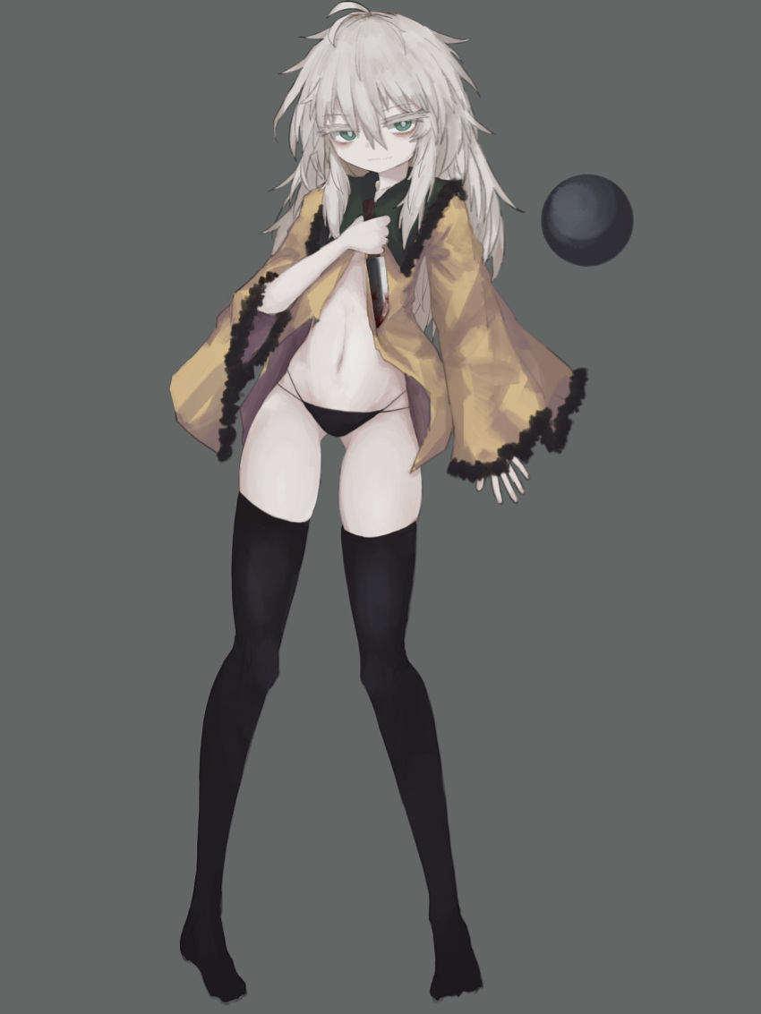 1girl, :|, bangs, black_panties, black_thighhighs, blouse, bright_pupils, buttons, closed_mouth, clothes_lift, diamond_button, eyeball, frilled_shirt_collar, frilled_sleeves, frills, full_body, green_eyes, grey_background, hair_between_eyes, hand_on_own_chest, hand_up, highres, komeiji_koishi, light_grey_hair, long_sleeves, looking_at_viewer, medium_hair, messy_hair, no_headwear, no_pants, no_shoes, open_clothes, open_shirt, panties, reverinth, shirt, shirt_lift, simple_background, solo, standing, thigh-highs, third_eye, touhou, underwear, wavy_hair, wide_sleeves, yellow_shirt