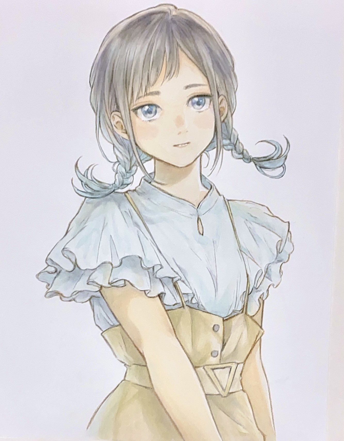 1girl, bangs, blouse, blue_eyes, blue_hair, blue_shirt, brown_hair, brown_overalls