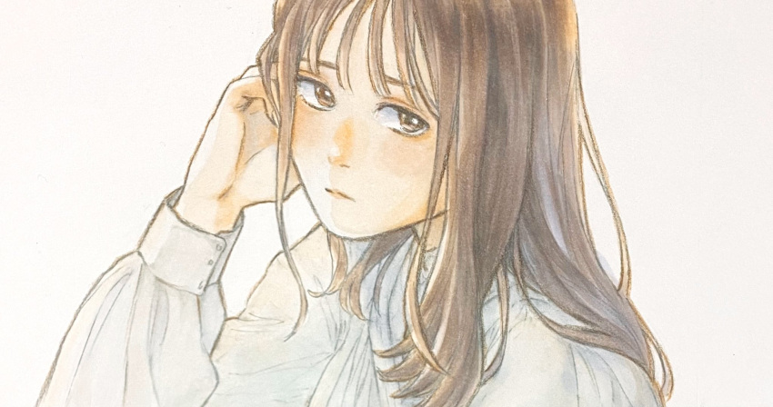 1girl, bangs, blouse, brown_eyes, brown_hair, closed_mouth, commentary, hand_on_own_head