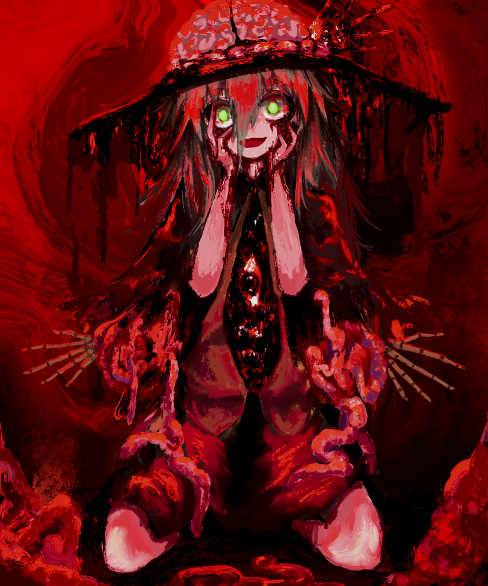 1girl, black_headwear, blood, blood_from_eyes, blood_on_face, blood_splatter, blouse, crazy