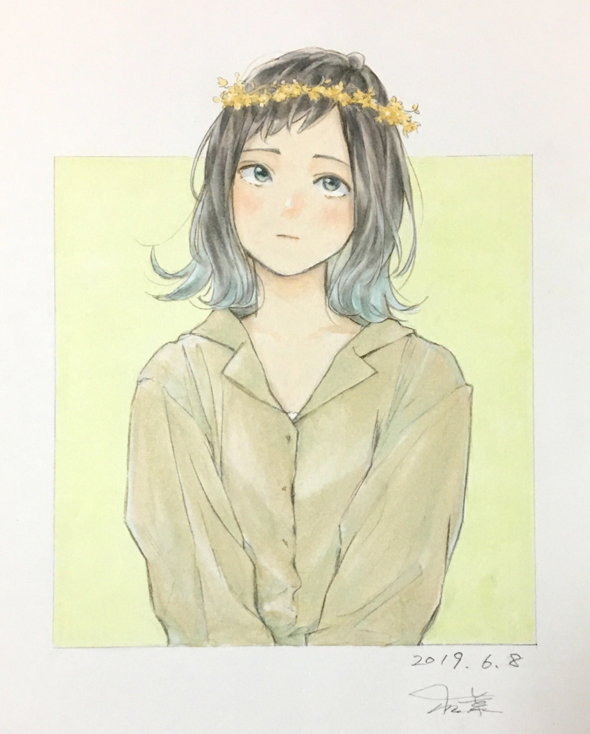 1girl, :/, bangs, black_eyes, black_hair, blue_hair, border, brown_shirt