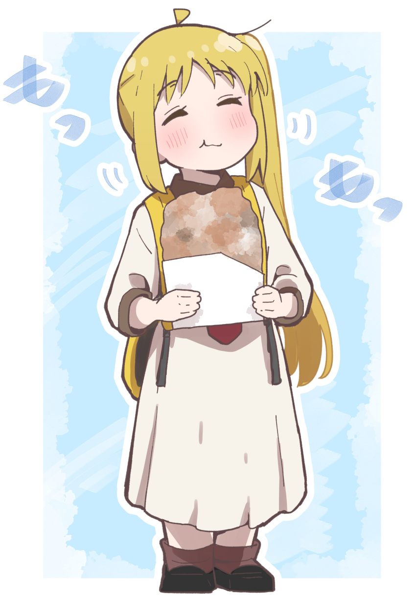 1girl, absurdres, ahoge, bangs, blonde_hair, bocchi_the_rock!, casual, closed_eyes
