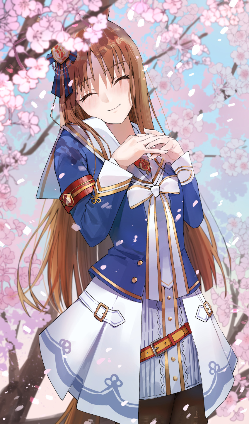 1girl, 9_no_seicho_nikki, absurdres, animal_ears, black_pantyhose, brown_hair, cherry_blossoms, closed_eyes
