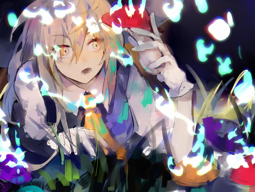 1girl, bangs, blonde_hair, cerevevisiae, collared_shirt, commentary_request, gloves, grass