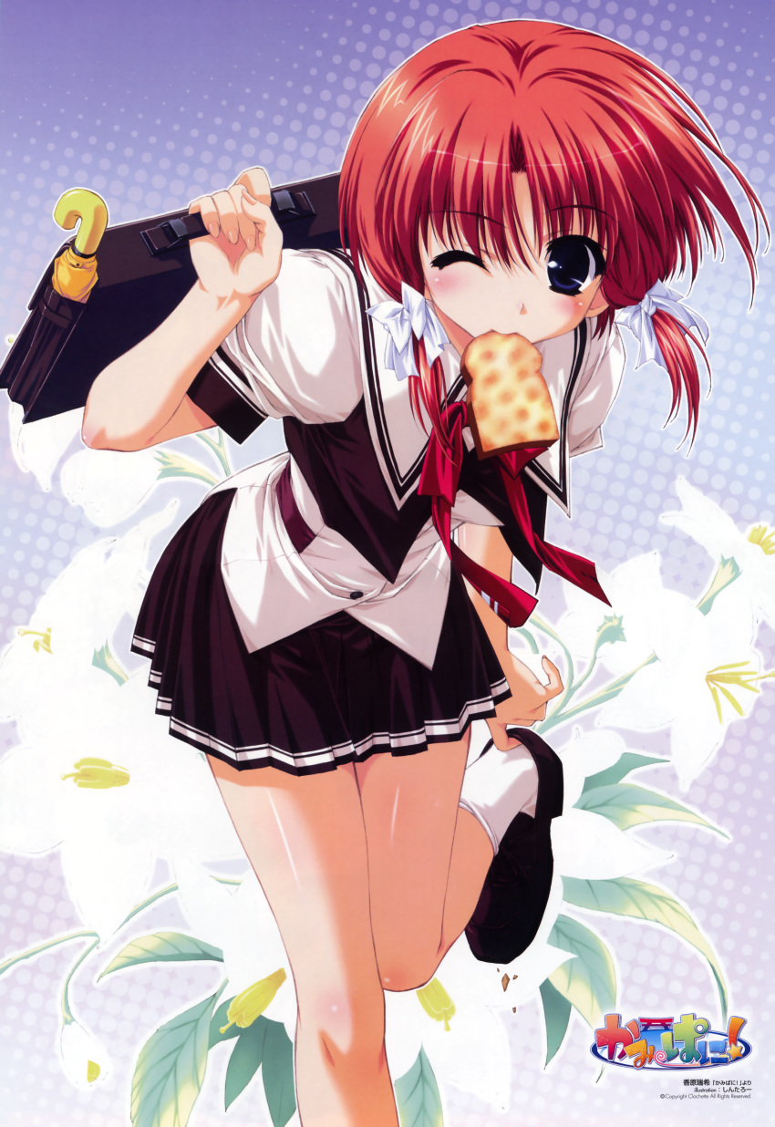 1girl, ;), absurdres, bag, blue_eyes, clochette, flower, highres