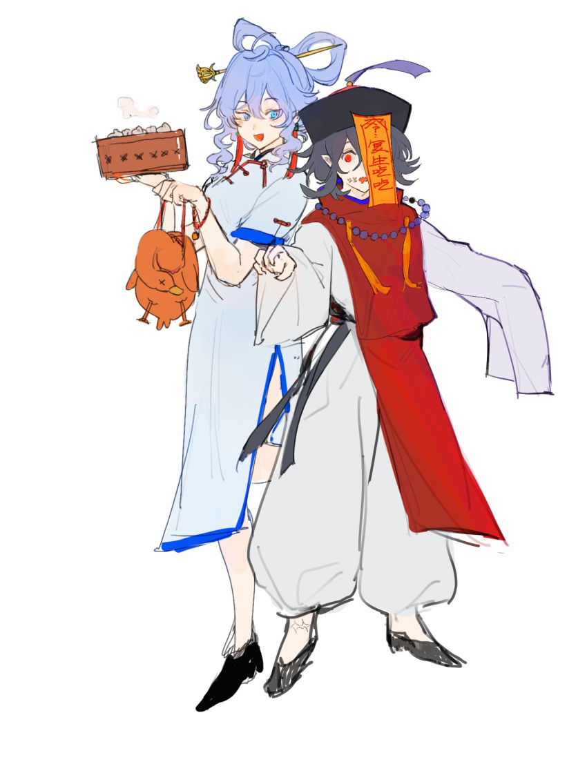 2girls, alternate_costume, bamboo_steamer, bangs, baozi, black_footwear, black_hair, blue_dress, blue_eyes, blue_hair, cerevevisiae, china_dress, chinese_clothes, commentary, dress, duck_(food), food, full_body, hair_between_eyes, hair_ornament, hair_rings, hair_stick, hat, highres, jiangshi, kaku_seiga, looking_at_viewer, miyako_yoshika, multiple_girls, open_mouth, pants, peking_duck_(food), qing_guanmao, red_eyes, red_tabard, shirt, shoes, short_hair, sidelocks, simple_background, smile, tabard, touhou, white_background, white_pants, white_shirt