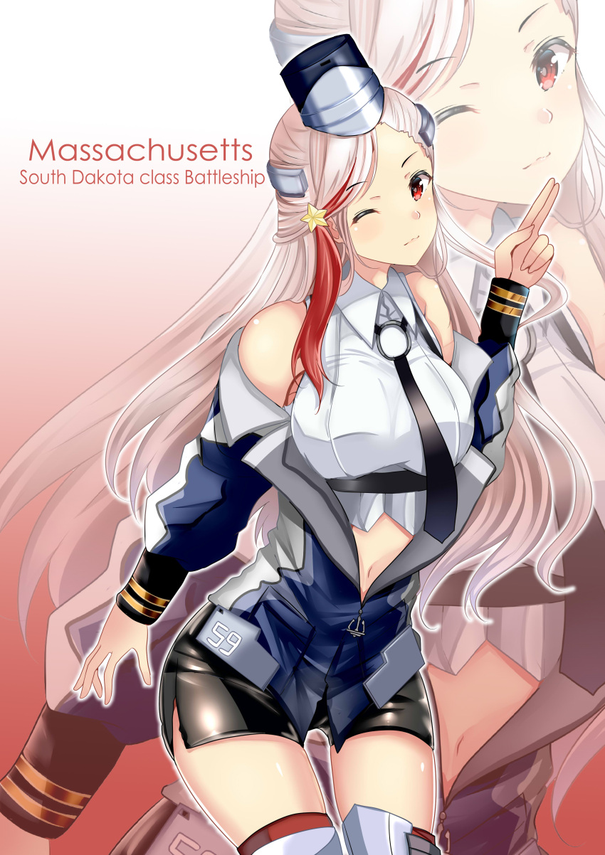 1girl, absurdres, black_necktie, black_skirt, blonde_hair, blue_jacket, breasts, cowboy_shot, crop_top, dress_shirt, headgear, highres, himura_moritaka, jacket, kantai_collection, large_breasts, long_hair, looking_at_viewer, massachusetts_(kancolle), multicolored_clothes, multicolored_hair, multicolored_jacket, multiple_views, navel, necktie, one_eye_closed, pencil_skirt, red_eyes, redhead, shirt, skirt, sleeveless, sleeveless_shirt, smokestack_hair_ornament, streaked_hair, zoom_layer