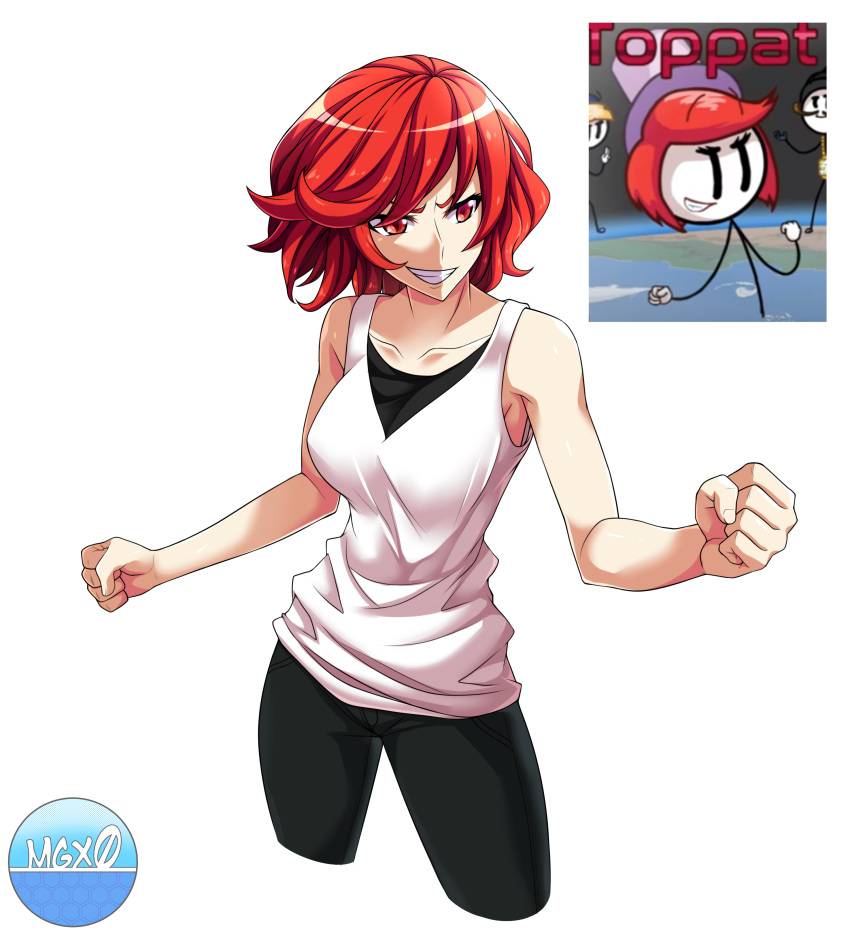 1girl, absurdres, animification, artist_name, black_pants, breasts, clenched_hands, collarbone, cowboy_shot, cropped_legs, ellie_rose, grin, henry_stickmin_(series), highres, large_breasts, medium_hair, mgx0, pants, red_eyes, redhead, reference_inset, smile, solo, tank_top, watermark, white_tank_top