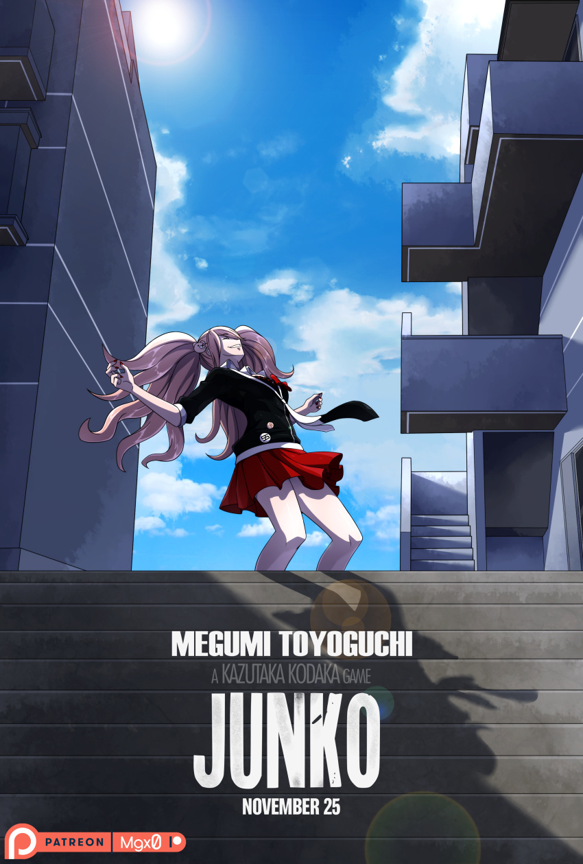 1girl, absurdres, artist_name, bear_hair_ornament, building, character_name, closed_eyes, danganronpa_(series)