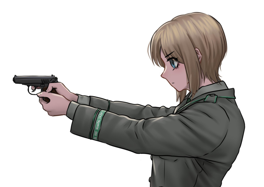 1girl, aiming, blonde_hair, blue_eyes, east_german, finger_on_trigger, gun, handgun