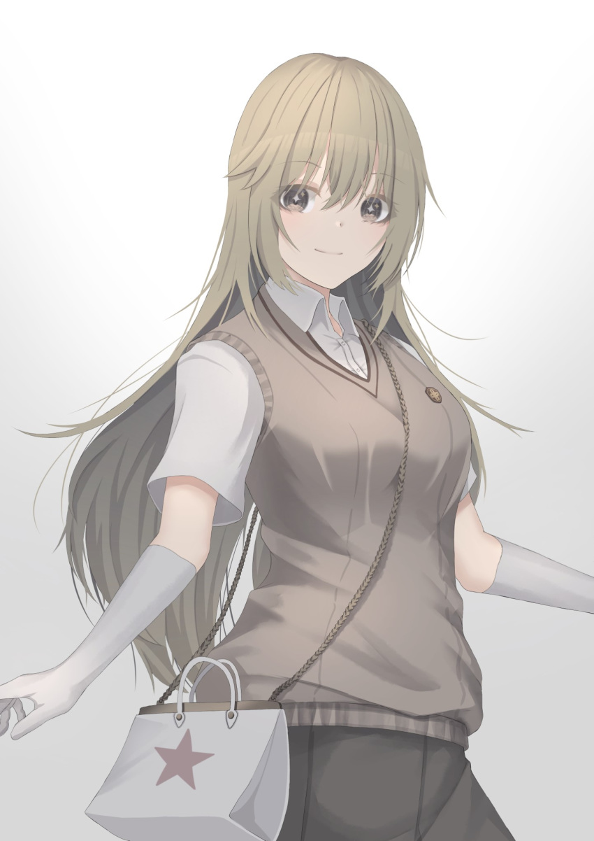 1girl, araishi_maro, bag, bangs, black_skirt, blonde_hair, breasts, brown_sweater_vest