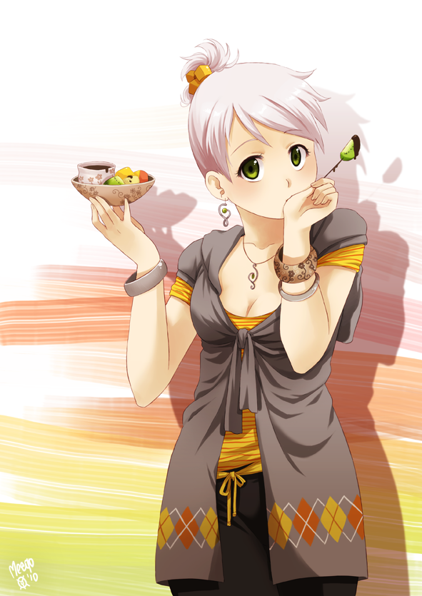 breasts, chocolate, cleavage, earrings, emily_(meago), face, food, green_eyes