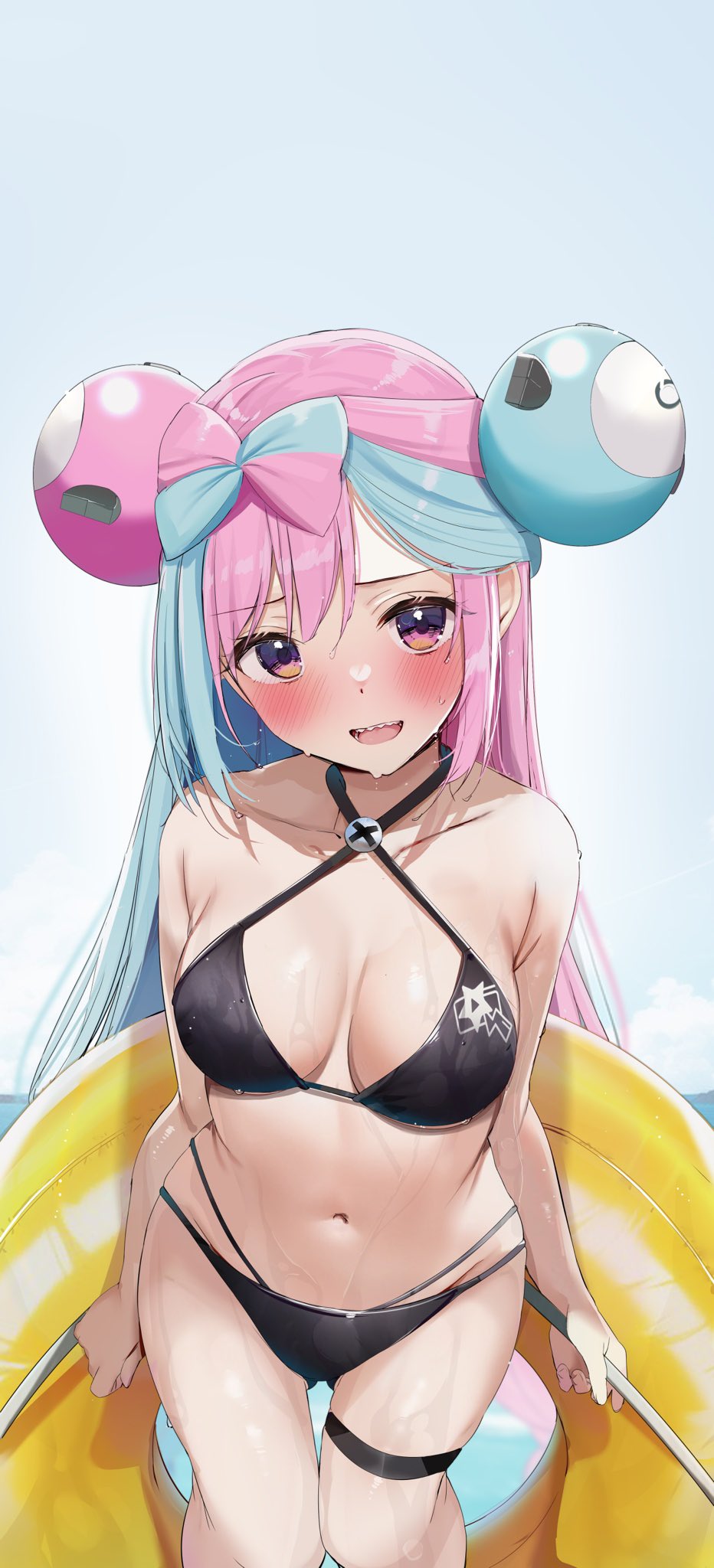 1girl, bikini, bikini_top_only, black_bikini, blue_hair, bow-shaped_hair, breasts, character_hair_ornament