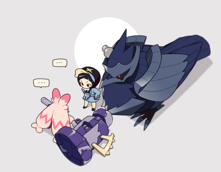 ..., 1girl, bird, black_eyes, black_gloves, black_hair, blush_stickers, bright_pupils, cardigan, commentary_request, corviknight, dress, eyelashes, from_above, gloves, hammer, korean_commentary, long_sleeves, pantyhose, pokemon, pokemon_(creature), pokemon_(game), pokemon_sv, poppy_(pokemon), rumong, shoes, spoken_ellipsis, standing, tinkaton, v-shaped_eyebrows, yellow_pantyhose