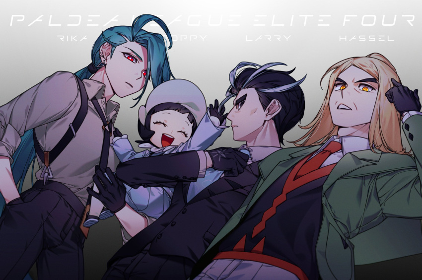 2boys, 2girls, :d, adjusting_clothes, adjusting_necktie, ahoge, black_gloves, black_hair, black_jacket, black_necktie, black_pants, black_vest, blonde_hair, bright_pupils, carrying, closed_eyes, collared_shirt, commentary_request, eyelashes, gloves, green_hair, green_jacket, hand_in_pocket, hand_up, hassel_(pokemon), highres, jacket, korean_commentary, larry_(pokemon), long_hair, long_sleeves, multiple_boys, multiple_girls, necktie, open_mouth, pants, pokemon, pokemon_(game), pokemon_sv, poppy_(pokemon), red_eyes, red_necktie, rika_(pokemon), rumong, shirt, smile, suspenders, teeth, tongue, upper_teeth, vest, white_pupils