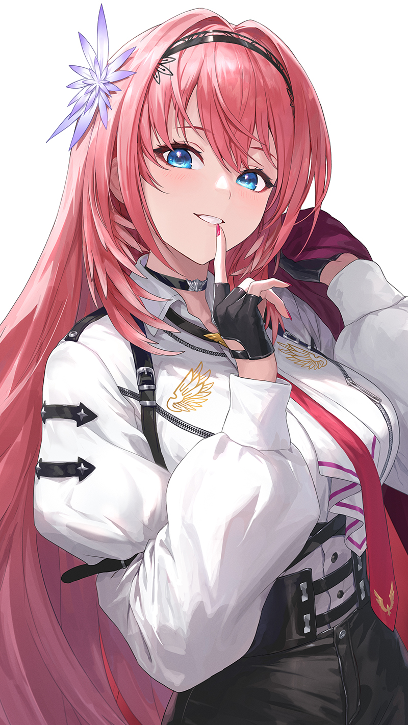 1girl, alternate_hair_length, alternate_hairstyle, bangs, black_choker, black_gloves, black_hairband, blue_eyes